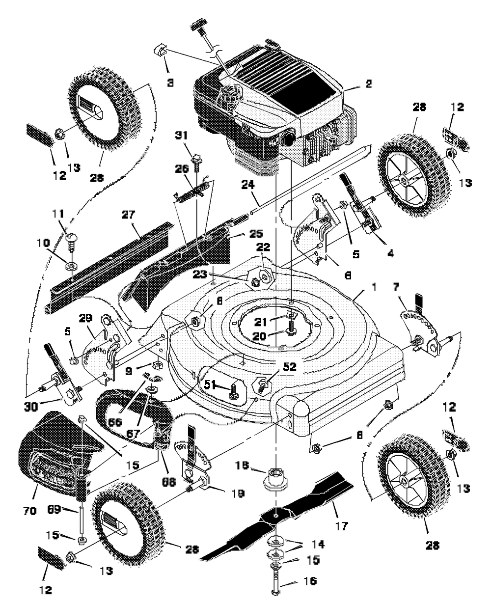 Mower Housing Assembly Diagram and Parts List for 20455X8A 1997 Briggs and Stratton Lawn Mower